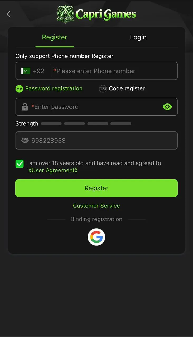 Capri Game Register and Login