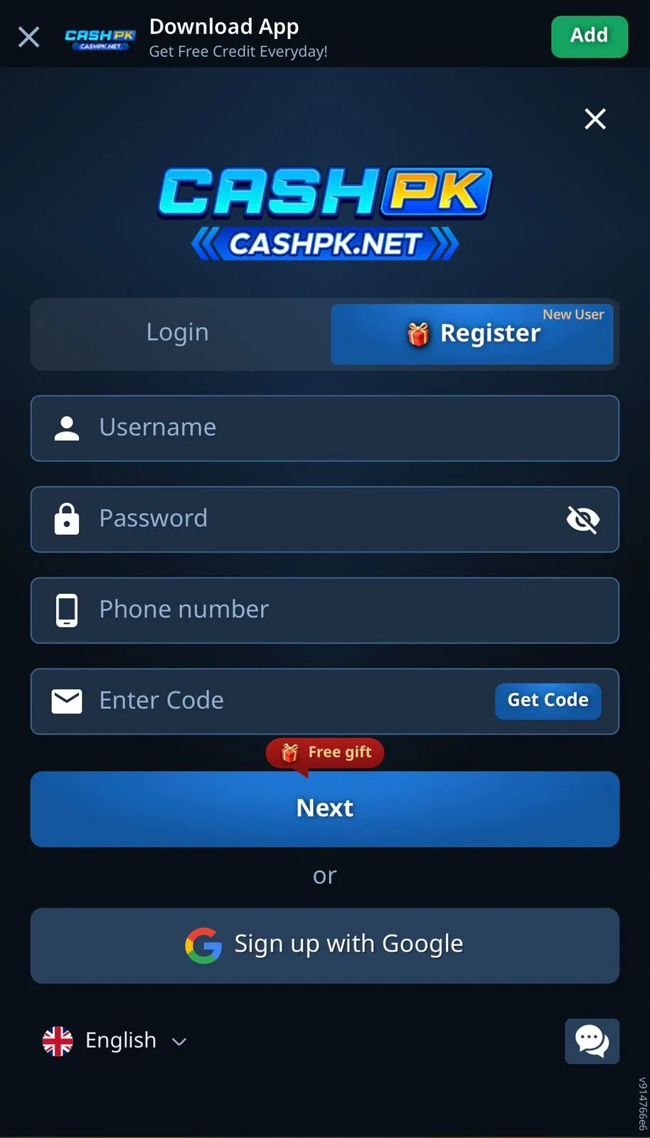 CashPK Game Register and Login Process