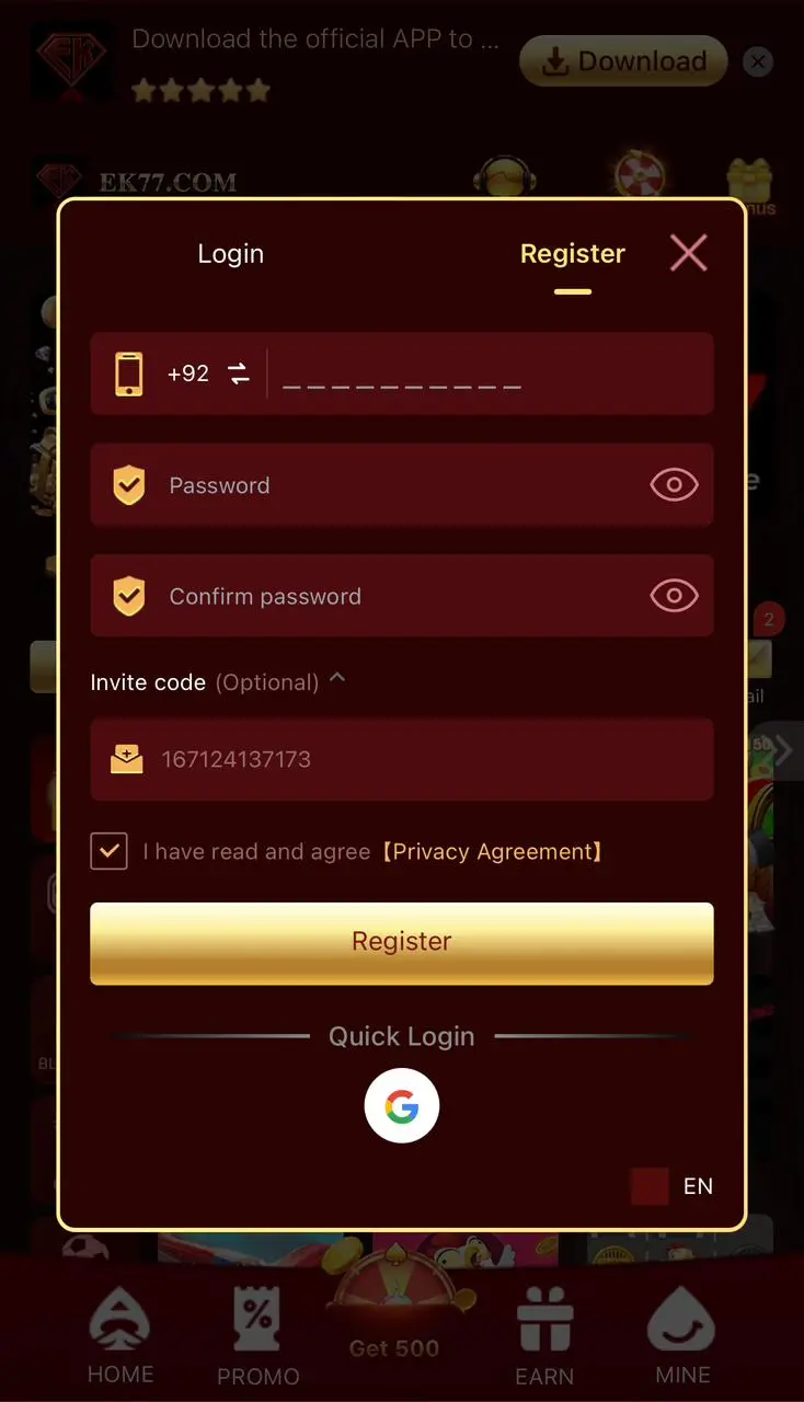 EK77 Apk Register and Login process