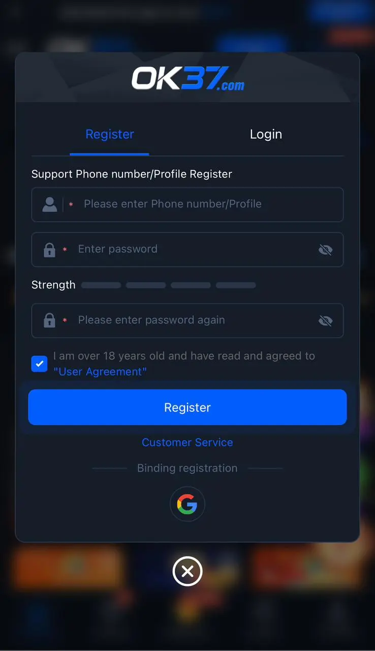 OK37 Game Register and Login Process 